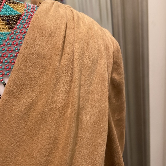 Kay Unger Tan Micro Suede Midi Dress- Faux wrap with decorative side zipper - Picture 4 of 15